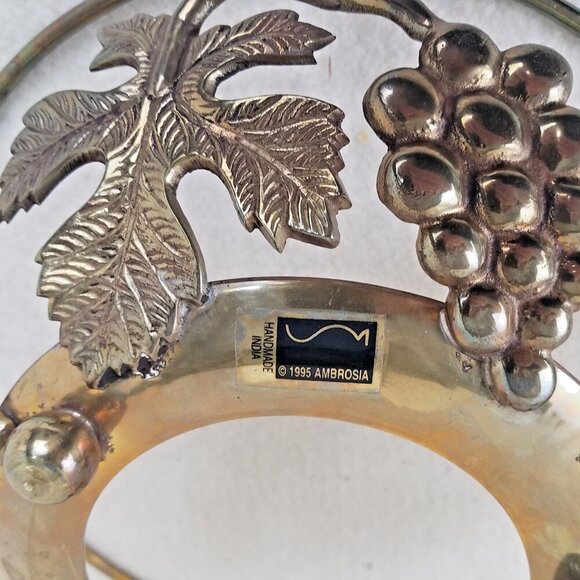Brass bowl Vntg Handmade Ambrosia of India Grape Leaf Holder 1995 frame feet - Picture 7 of 7